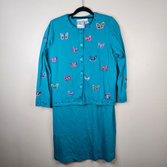 Michael Simon vintage butterfly dress & cardigan size M - Picture 1 of 13